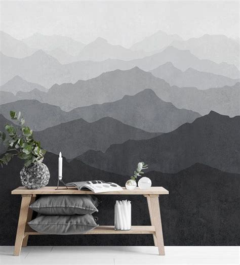Mountain Mural Wallpaper Black And White Grey Ombre Mountain Extra Large Wall Art Peel And