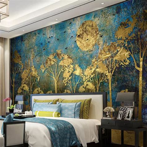 Custom Mural Wallpaper Chinese Style Abstract Golden Trees Bvm Home