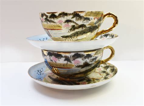 Shofu oriental handpainted chocolate tea coffee pot cups saucers made in japan. 2 Japanese Tea Cups and Saucers Vintage Hand-Painted ...