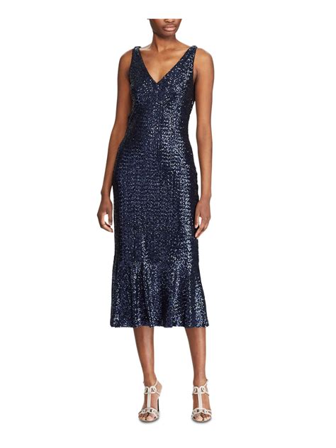 Ralph Lauren Womens Navy Sleeveless V Neck Midi Sheath Evening Dress Size Ebay