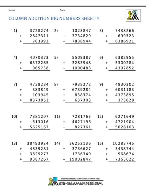 Addition Worksheets Large Numbers