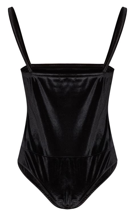 Black Strappy Velvet Bodysuit Tops Prettylittlething