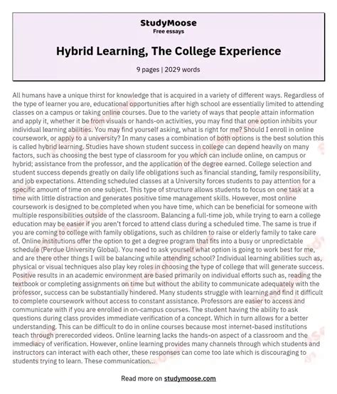Hybrid Learning The College Experience Free Essay Example