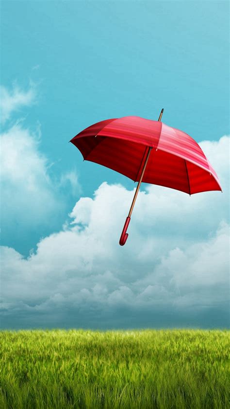 Pure Bright Grassland Flying Red Umbrella Iphone Wallpapers Free Download