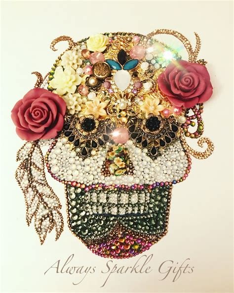 Sugar Skull Custom Framed Button Art Made With Opal Rhinestones And