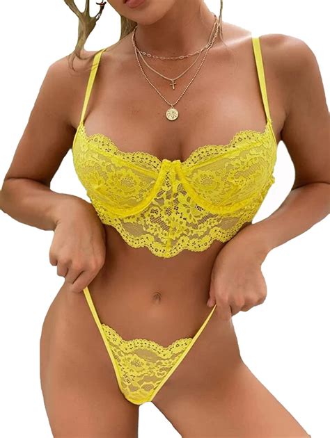 Lilosy Sexy Underwire Push Up Scallop Floral Lace Sheer Lingerie Set For Women Bra And Panty 2