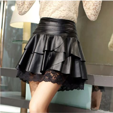 Women Sexy Pleated Skirt High Waist Black Pu Leather Skirts Vintage Short Mini Skirt Lace