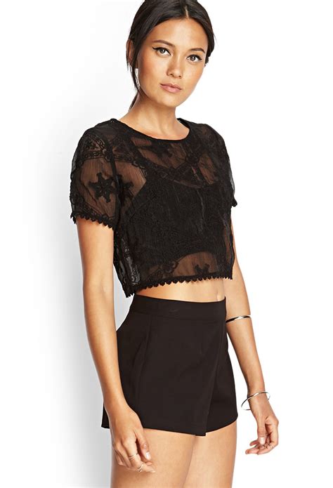 Lyst Forever 21 Sheer Embroidered Crop Top In Black