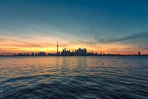 Toronto Skyline And Lake Ontario Shortly After Sunset Canada By
