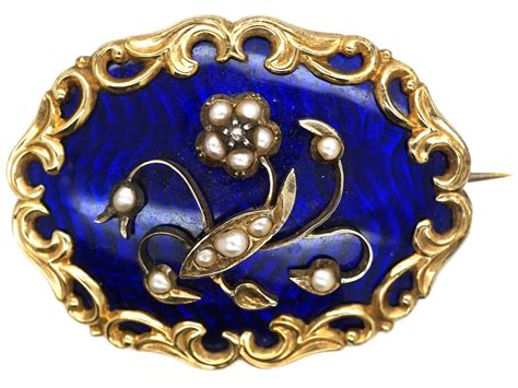 Victorian 15ct Gold And Royal Blue Enamel Brooch With Pearl Set Flower
