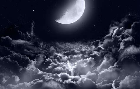 Wallpaper Dark Moon Clouds Stars Night Sky Moonlight