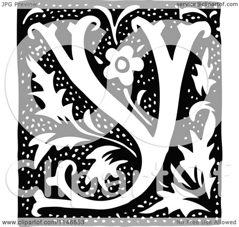 Clipart Of A Retro Vintage Black And White Alphabet Letter Y Floral