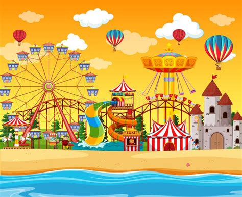 Amusement Park With Beach Side Scene At Daytime With Balloons In The