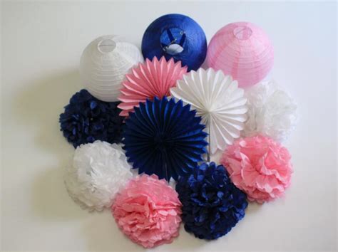 12pcs Navy Blue Pink White Party Diy Tissue Paper Pom Poms