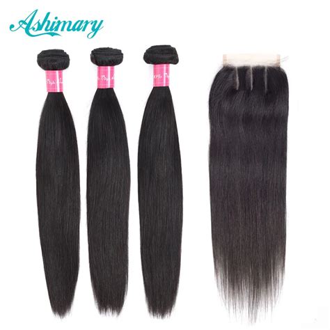Ashimary Brazilian Straight Hair 3 Bundles With Lace Closure Remy