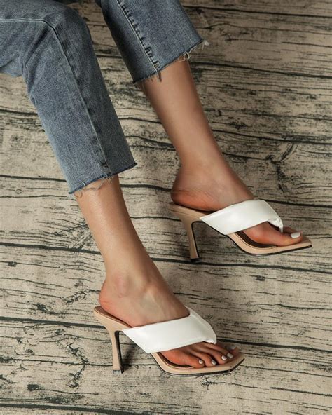 Square Toe Flip Flop Heeled Sandals Women White Pu Leather Stiletto