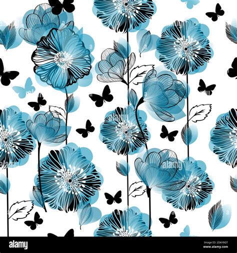 A Seamless Background With Blue Flowers And Butterflies Vector