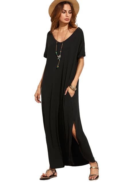 Womens Casual Comfy Loose Pocket Long Dress Short Sleeve Split Maxi Black Lrg Ebay