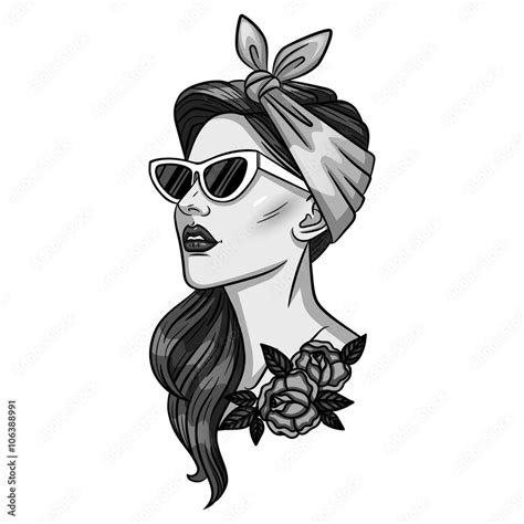 Vector Black And White Illustration Of A Girl In Pin Up Style Tattoo