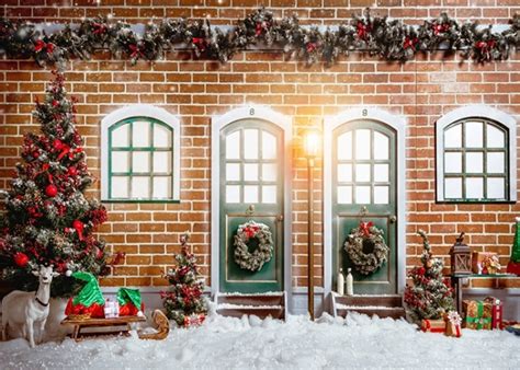 Outdoor Brick Wall Christmas Tree Background Christmas Party Backdrops