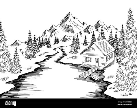 River House Road Graphic Black White Landscape Sketch Illustration