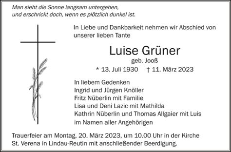 Traueranzeigen von Luise Grüner schwaebische de Trauerportal