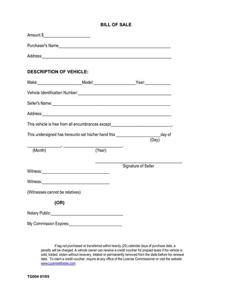 Free Printable Car Bill Of Sale Form Generic