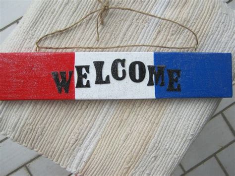Welcome Red White And Blue American Hand Painted Wood Welcome