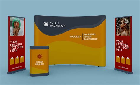 Free Exhibition Standing Banner Kiosk And Backdrop Mockup Psd