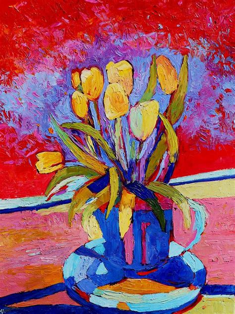 Yellow Tulips In Vase Oil Painting Painting By Magdalena Walulik Fine