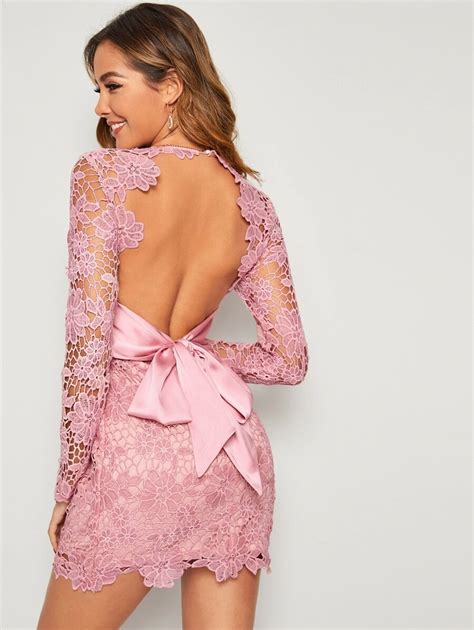 Guipure Lace Overlay Plunging Neck Tie Backless Dress SHEIN Singapore