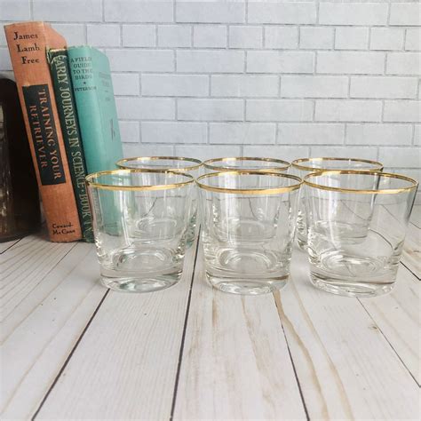 Vintage Gold Rimmed Low Ball Glasses Barware Glass Set Of 6 Etsy Lowball Glasses Glass Set