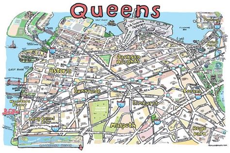 Queens Ny Map Print Hand Drawn New York Art Home Illustration
