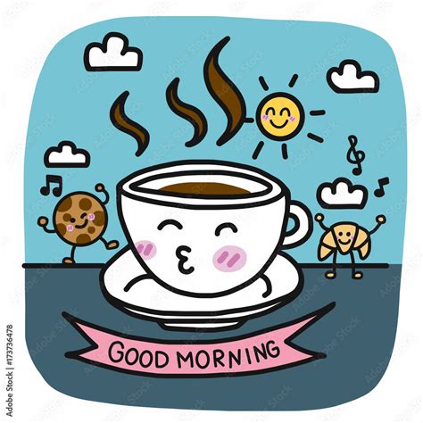 Good Morning Coffee Cup And Breakfast Friend Cartoon Vector