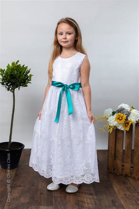 Girls White Lace Flower Girl Dress With Teal Sash Charles Class