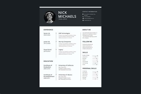 Right under the photo and contact details, there is a professional summary section. Free One-Page Resume Template (PSD)