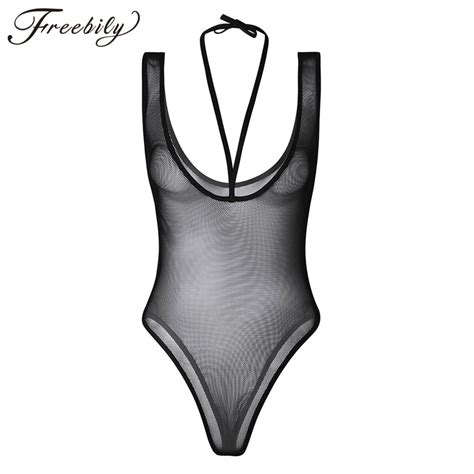 Sexy Hot Bodystocking Women Lingerie One Piece Body Suit Sleeveless Strappy Halter Fishnet See