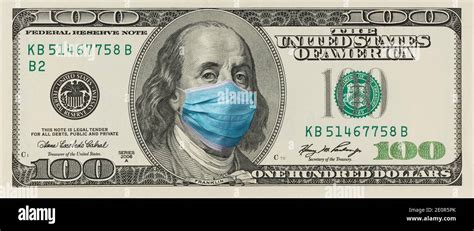 One Hundred Dollar Bill With Surgical Mask On Benjamin Franklin Mouth Horizontal Banner Design