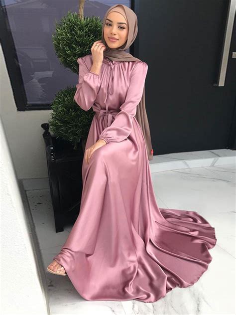 Satin Abaya Long Dress Women Elegant Big Swing Belted Hijab Robe Islam