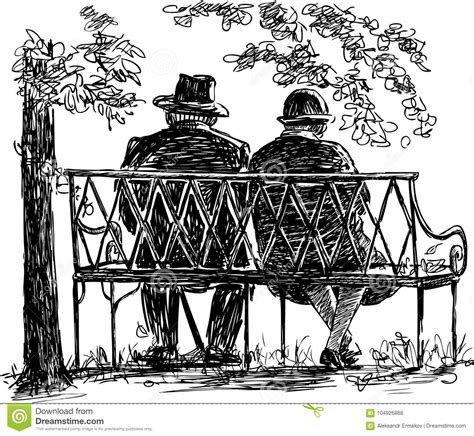 Old Couple On Park Bench Cartoon