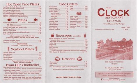 Menu At Clock Restaurant Of Lyman Lyman