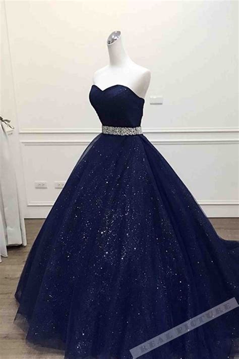 Sparkly Dark Blue Tulle Sequins Prom Dress Evening Gown Princess Prom