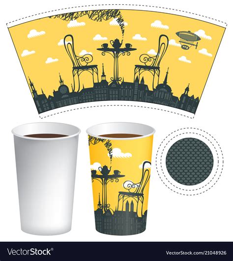 Paper Cup Template With Street Cafe And Coffee Cup