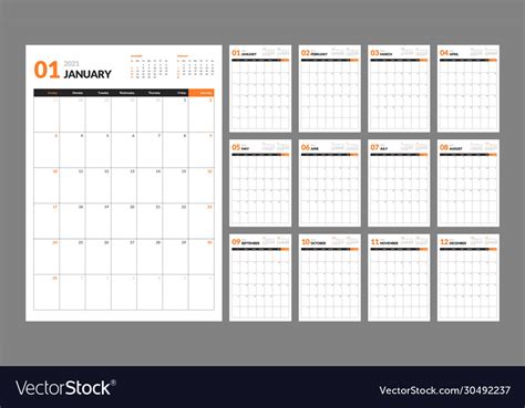 Wall Calendar Template For 2021 Year Planner Vector Image