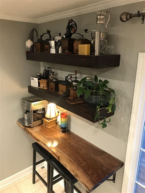 This is a special floating table made of metal and glass. Coffee bar and floating shelves I made for our kitchen ...