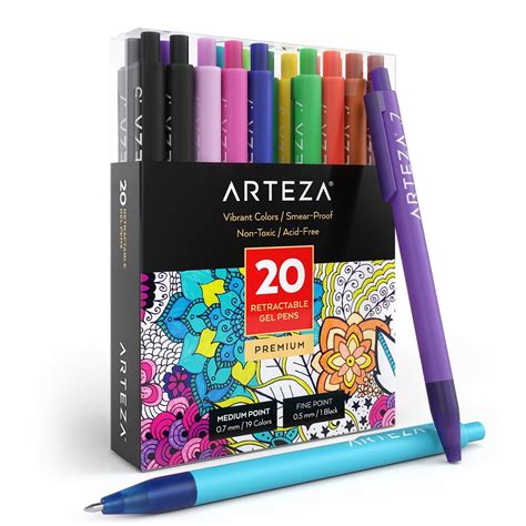 Arteza Retractable Gel Ink Colored Pens Set Assorted Colors 20 Pack