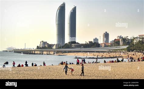 Xiamen Modern City Skyline From Sandy Baicheng Beach China Stock Photo