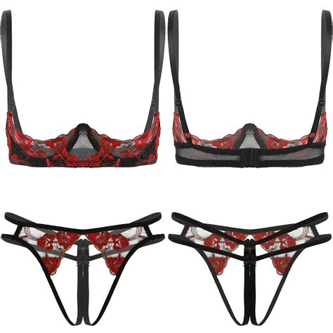 Hot Erotic Lingerie Set Lace Sexy Bare Exposed Breasts Push Up Bra And Crotchless Panty Set