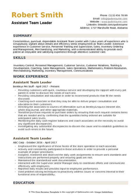 Team leader cv sample, motivating staff, supervising workers, cv template, managing, work experience, product knowledge, punctual, resume layout created date: Assistant Team Leader Resume Samples | QwikResume