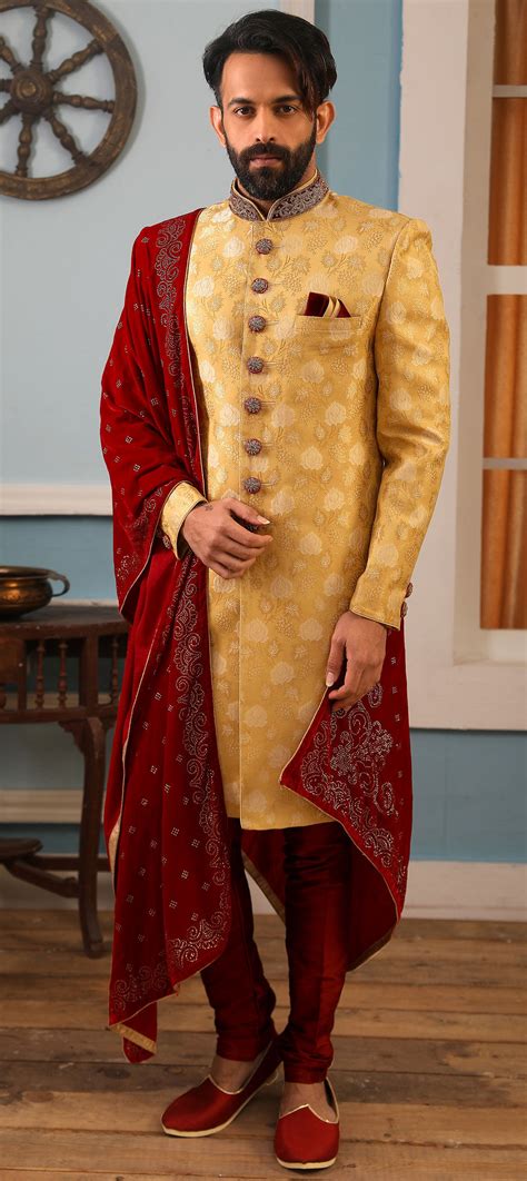 Gold Color Brocade Fabric Sherwani 1598693